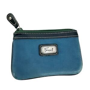 Fossil Leather Coin Purse ID Card Travel Wallet Key Keeper Blue Y2K Preppy